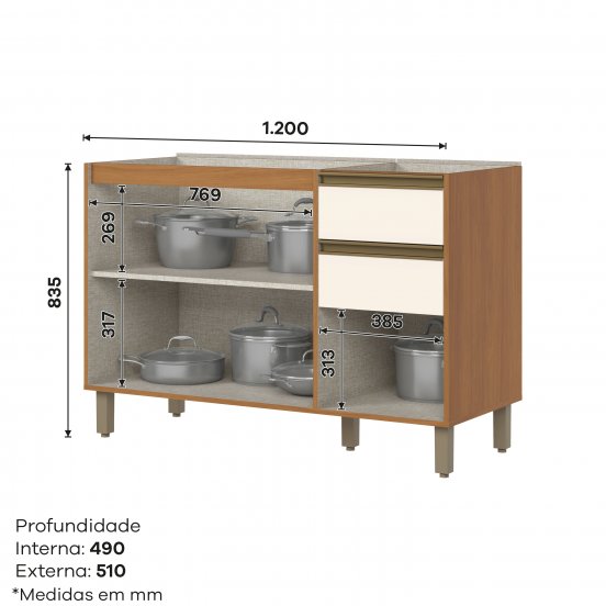 Armário Pia 03 Portas 02 gavetas 1200 mm Venaly