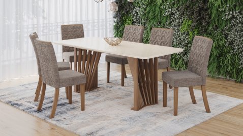 Mesa Adriana 2000 Arred Vidro OffWhite + 06 Cadeiras Esther Cacao
