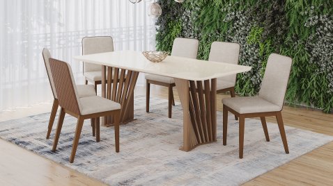Mesa Adriana 2000 Arred Vidro OffWhite + 06 Cadeiras Pietra Linho 