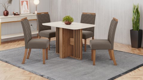 Mesa Dinah 1200 Arred Vidro OffWhite + 04 Cadeiras Bella Amendoa 