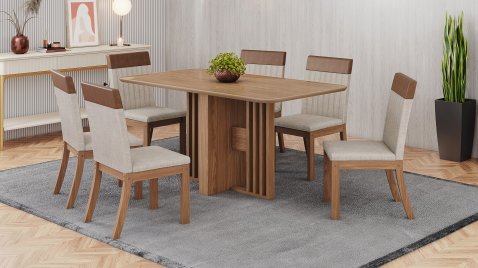 Mesa Dinah 1600 Arred Vidro Nature + 06 Cadeiras Isa Plus Linho