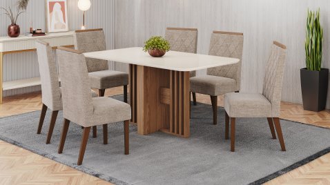 Mesa Dinah 1600 Arred Vidro OffWhite + 06 Cadeiras Nina Creme
