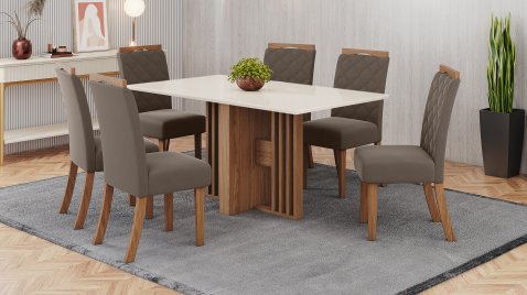 Mesa Dinah 1600 Reto Vidro OffWhite + 06 Cadeiras Bella Amendoa