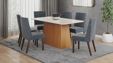 Mesa Dora Cinamomo 1600 Arred Vidro + 06 Cadeiras Maitê Grafite