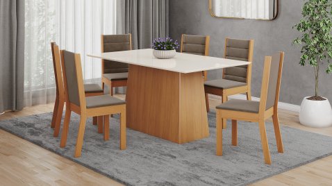 Mesa Dora Cinamomo 1600 Reta + 06 Cadeiras Evelin Amendoa
