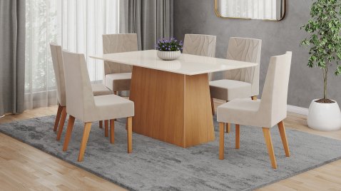 Mesa Dora Cinamomo 1600 Reta Vidro + 06 Cadeiras Flavia Areia