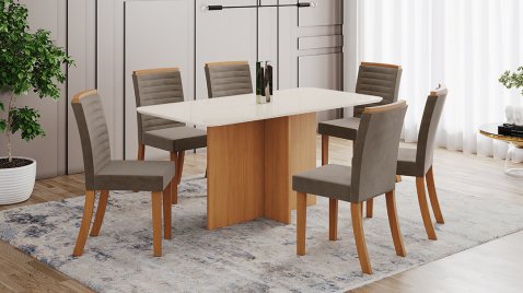 Mesa Lana 1600 Arred Vidro Cinamomo + 06 Cadeiras Taina Marrom Amêndoa 