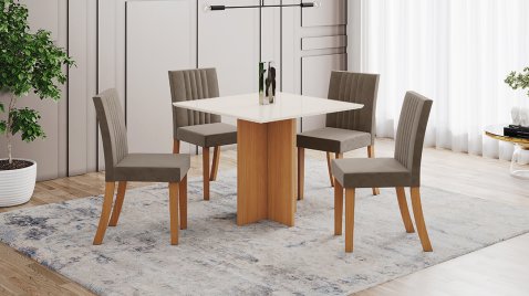 Mesa Lana 900 Reta Vidro Cinamomo + 04 Cadeiras Lily Marrom Amêndoa 