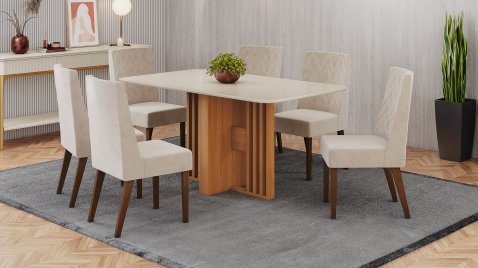 Mesa Larah  Cinamomo 1600 Arred Vidro + 06 Cadeiras Maite Areia