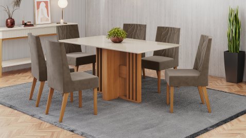 Mesa Larah 1600 Reta Vidro Cinamomo + 06 Cadeiras Flavia Marrom Amêndoa