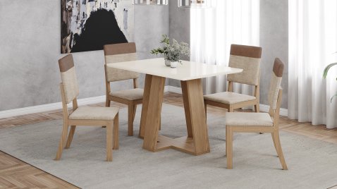 Mesa Lins 1200 Reto Vidro + 04 Cadeiras Milla Creme