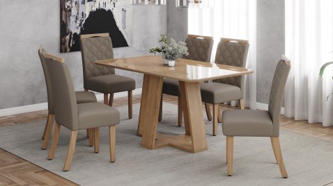 Mesa Lins 1600 Arred Vidro Nature + 06 Cadeiras Bella Amêndoa
