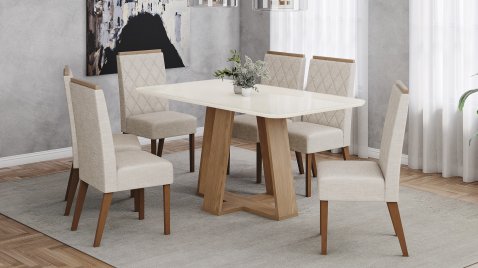 Mesa Lins 1600 Arred Vidro OffWhite + 06 Cadeiras Nina Linho