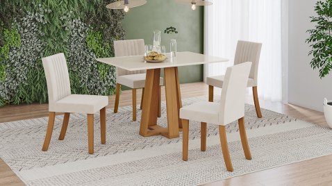 Mesa Lisa 1200 Reto Vidro Cinamomo + 06 Cadeiras Lily Areia