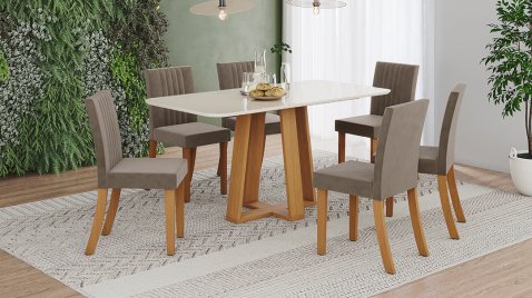 Mesa Lisa 1600 Arred Vidro Cinamomo + 06 Cadeiras Lily Marrom Amêndoa 