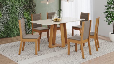 Mesa Lisa 1600 Reta Vidro Cinamomo + 06 Cadeiras Evelin Marrom Amêndoa