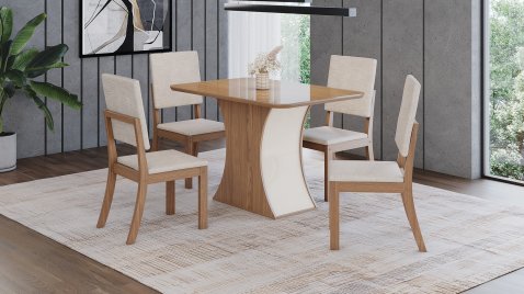 Mesa Luiza 1200 Arred Vidro Nature + 04 Cadeiras Milla Linho