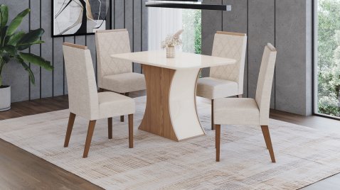 Mesa Luiza 1200 Arred Vidro + 04 Cadeiras Nina Linho