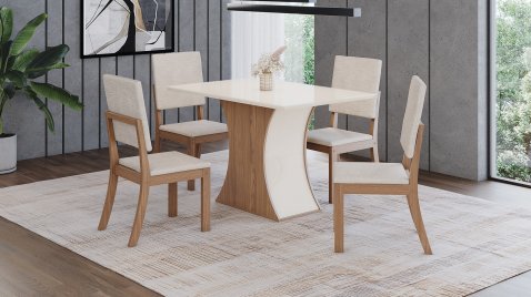 Mesa Luiza 1200 Reta Vidro + 04 Cadeiras Mila Linho
