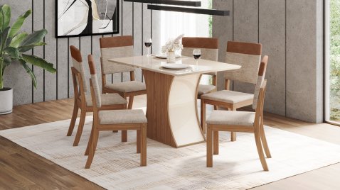 Mesa Luiza 1200 Reta Vidro + 06 Cadeiras Mila Plus Creme