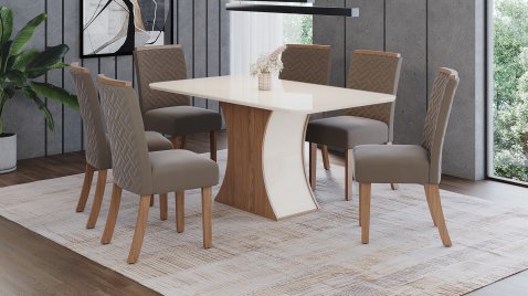 Mesa Luiza 1600 Arred Vidro + 06 Cadeiras Malu Amêndoa
