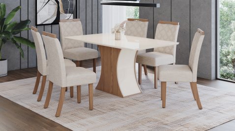 Mesa Luiza 1600 Reta Vidro + 06 Cadeiras Bela Linho