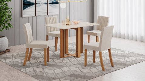 Mesa Manu Cinamomo 1200 Reta Vidro + 04 Cadeiras Lily Areia