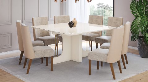 Mesa Mavi 1500 Arred Vidro OffWhite + 08 Cadeiras Anne Creme