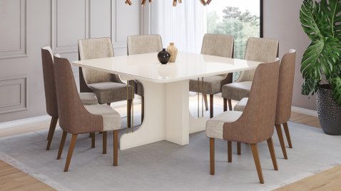 Mesa Mavi 1500 Arred Vidro OffWhite + 08 Cadeiras Ivy Creme