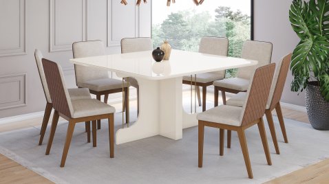 Mesa Mavi 1500 Arred Vidro OffWhite + 08 Cadeiras Pietra Linho 