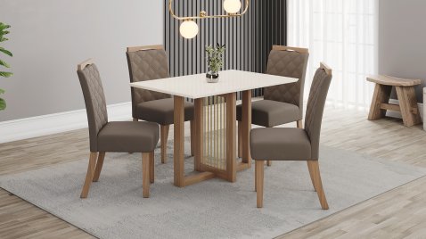 Mesa Natalí 1200 Reta + 04 Cadeiras Bella Amendoa