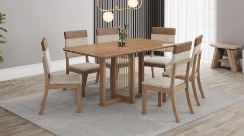 Mesa Natalí 1600 Arred Vidro Nature + 06 Cadeiras Milla Plus Creme