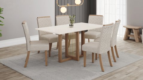 Mesa Natalí 1600 Reta + 06 Cadeiras Malu Linho 