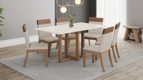 Mesa Natalí 1600 Reta Vidro OffWhite + 06 Cadeiras Isa Plus Linho