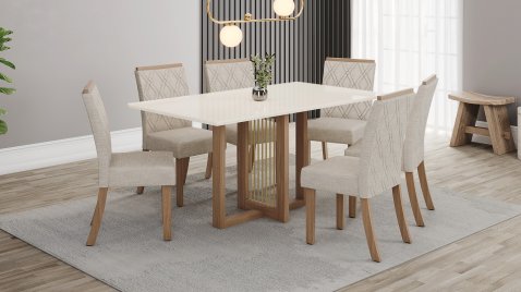  Mesa Natalí 1600 Reta Vidro OffWhite + 06 Cadeiras Vita Linho