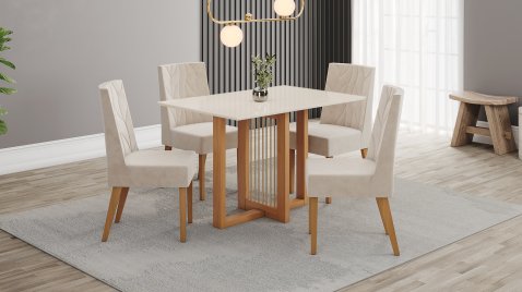 Mesa Natalí Cinamomo  1200 Reta Vidro + 06 Cadeiras Flavia Areia