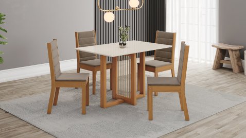 Mesa Natalí Cinamomo 1200 Reta Vidro + 06 Cadeiras Evelin Marrom Amêndoa