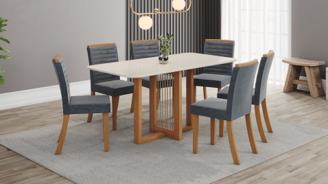 Mesa Natalí Cinamomo 1600 Arred Vidro + 06 Cadeiras Taina Grafite
