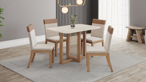 Mesa Natalí Arrend Vidro OffWhite + 04 Cadeiras Isa Plus Linho