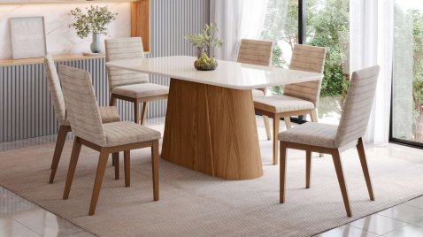 Mesa Olívia 1600 Arredondado com Vidro + 06 Cadeiras Elena Creme