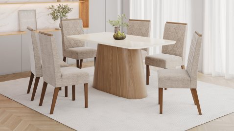 Mesa Olivia 1600 Arred Vidro OffWhite + 06 Cadeiras Nina Creme