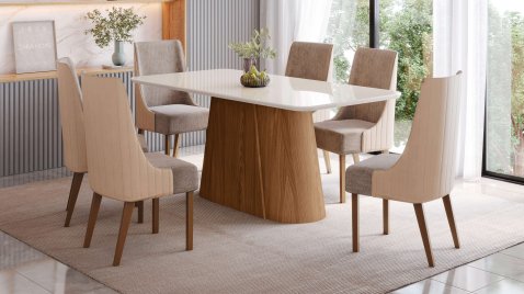 Mesa Olívia 1800 Arredondado com Vidro + 08 Cadeiras Ivy Corano Bege / Cacao