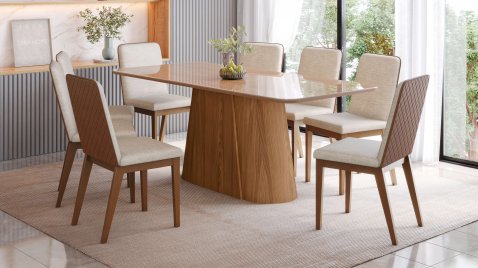 Mesa Olivia 2000 Arredondado com Vidro + 8 Cadeiras Pietra