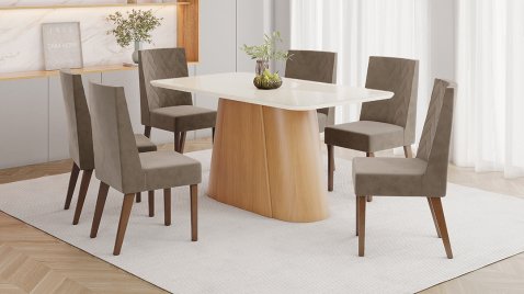 Mesa Olivia 1600 Arend Vidro Cinamomo + 06 Cadeiras Maite MarromAmendoa