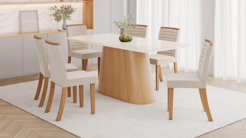 Mesa Olivia 1800 Arred Vidro Cinamomo + 06 Cadeiras Taina Areia