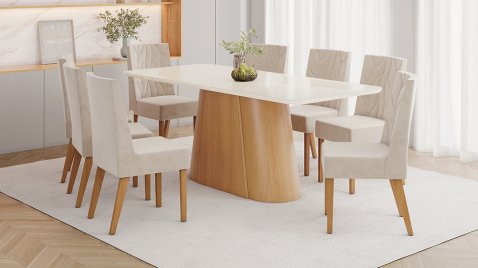 Mesa Olivia 2000 Arred Vidro Cinamomo + 08 Cadeiras Flavia Areia