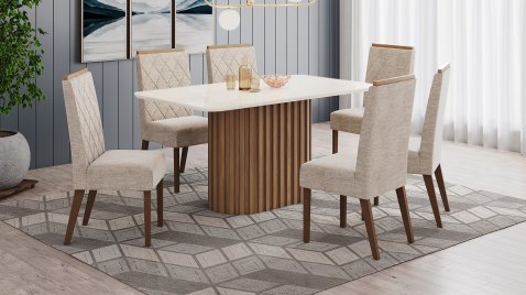 Mesa Solana 1600 Arred Vidro OffWhite + 06 Cadeiras Nina Creme