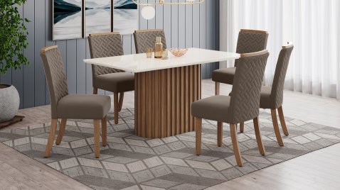 Mesa Solana 1800 Arred Vidro OffWhite + 06 Cadeiras Malu Amêndoa 