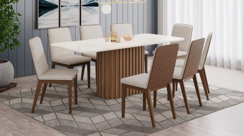 Mesa Solana 2000 Arred Vidro OffWhite + 08 Cadeiras Pietra Linho