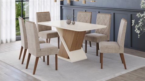 Mesa Solus 1600 Arred Vidro OffWhite + 06 Cadeiras Nina Creme